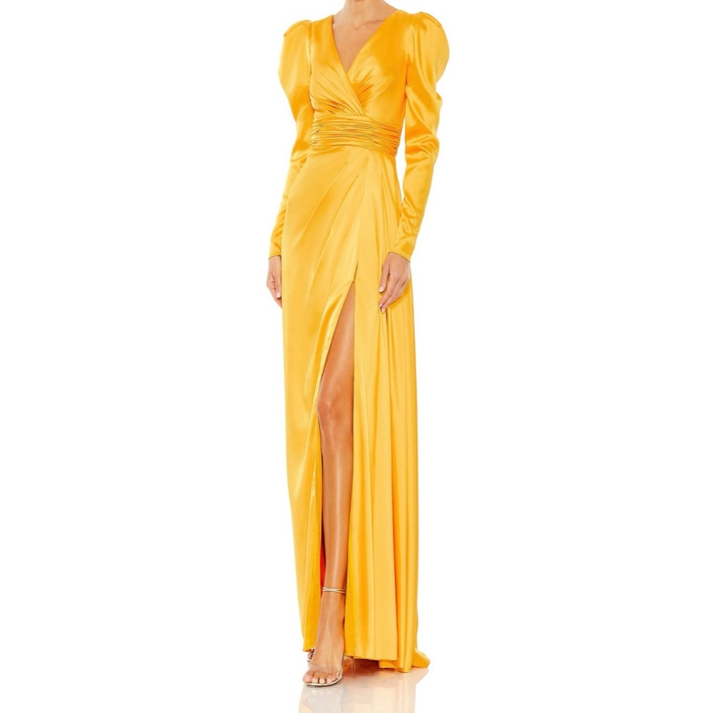 Mac Duggal Gold Yellow Satin Gown with Bishop Sleeves